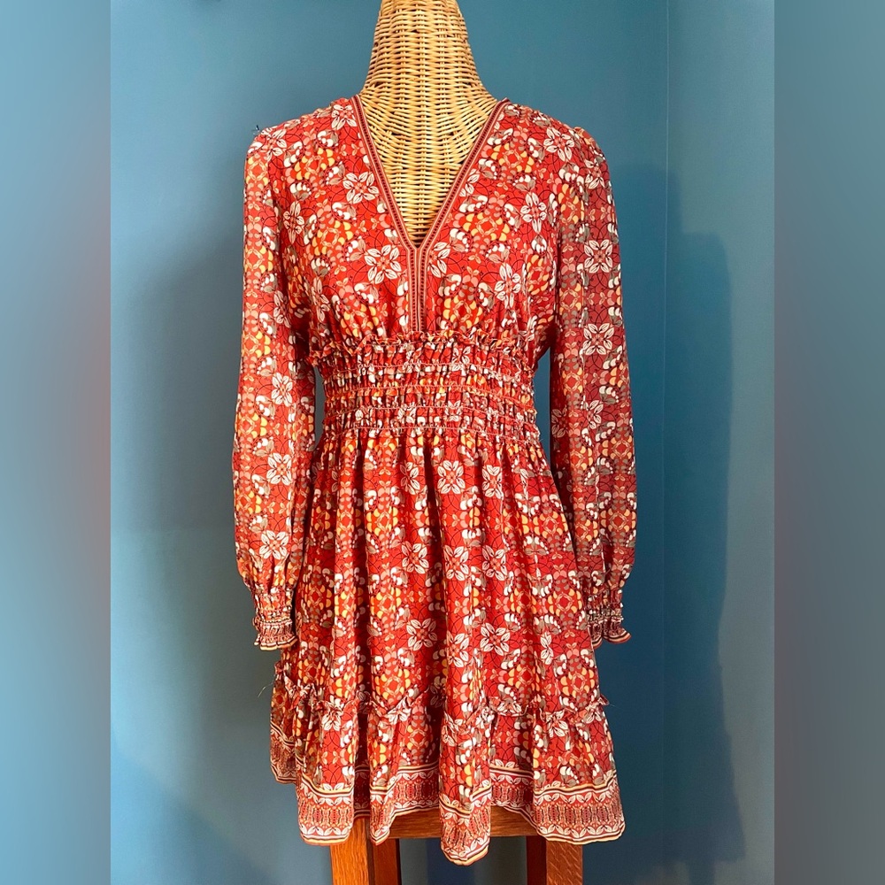 Max Studio Orange Floral Women’s Dress V-Neck Tiered Smocked Waist Size S BOHO